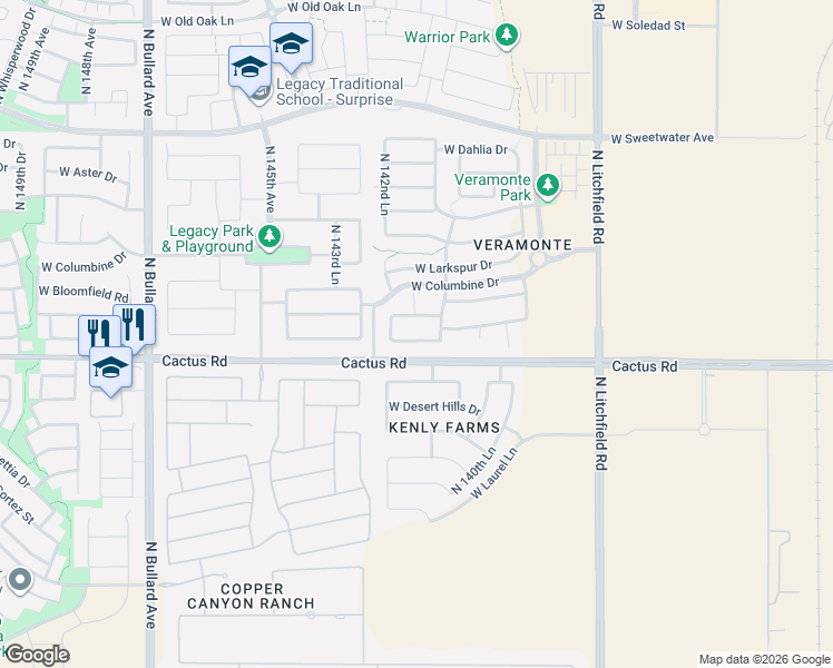 map of restaurants, bars, coffee shops, grocery stores, and more near 14238 West Wethersfield Road in Surprise