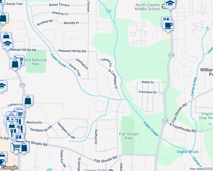 map of restaurants, bars, coffee shops, grocery stores, and more near 5857 Sheldon Court in Atlanta