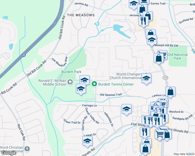 map of restaurants, bars, coffee shops, grocery stores, and more near 2210 Burdett Ridge Drive in Atlanta