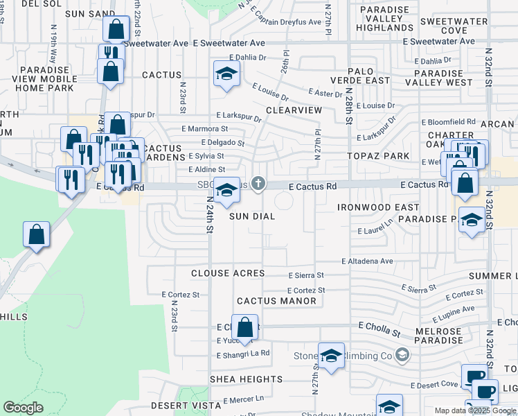 map of restaurants, bars, coffee shops, grocery stores, and more near 2530 East Shaw Butte Drive in Phoenix