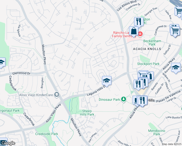 map of restaurants, bars, coffee shops, grocery stores, and more near 894 Ronda Sevilla in Laguna Woods