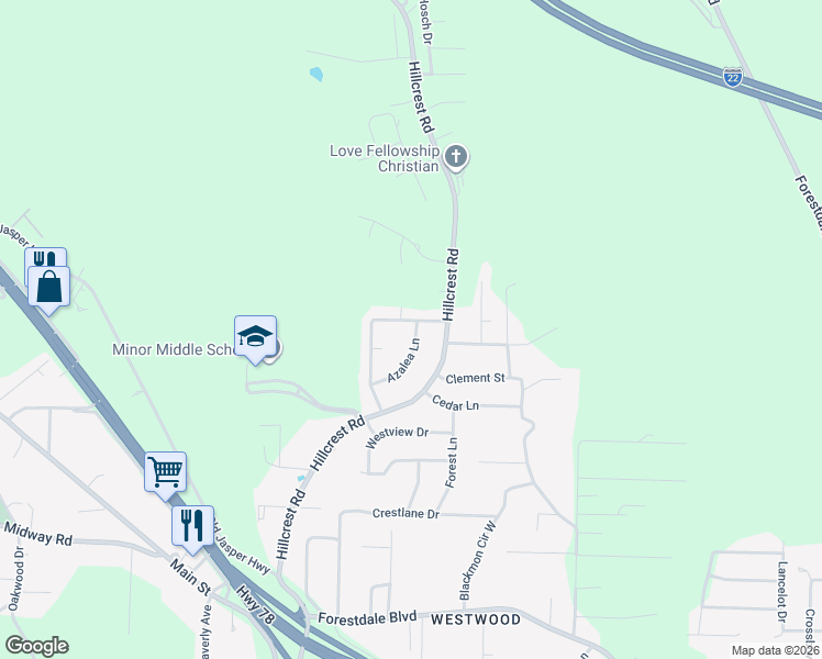 map of restaurants, bars, coffee shops, grocery stores, and more near 703 Azalea Lane in Adamsville