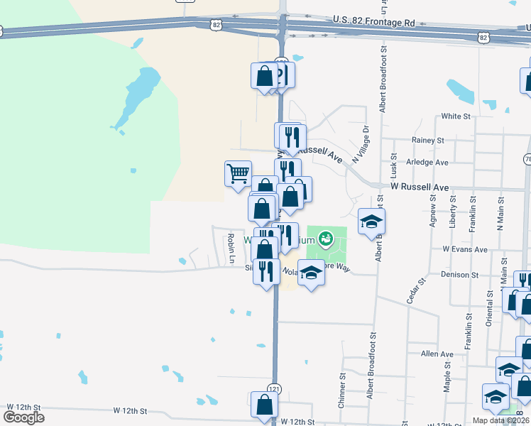 map of restaurants, bars, coffee shops, grocery stores, and more near 1804 Cardinal Lane in Bonham