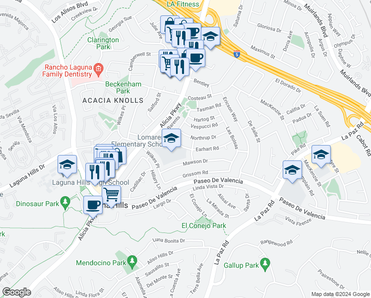 map of restaurants, bars, coffee shops, grocery stores, and more near 25100 Earhart Road in Laguna Hills