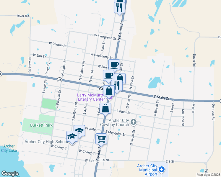 map of restaurants, bars, coffee shops, grocery stores, and more near in Archer City