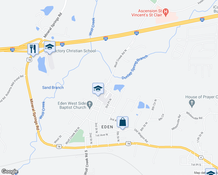 map of restaurants, bars, coffee shops, grocery stores, and more near 510 Wolf Creek Road North in Pell City