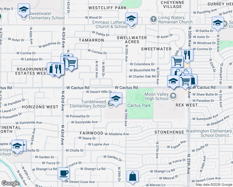 map of restaurants, bars, coffee shops, grocery stores, and more near 3938 West Paradise Drive in Phoenix
