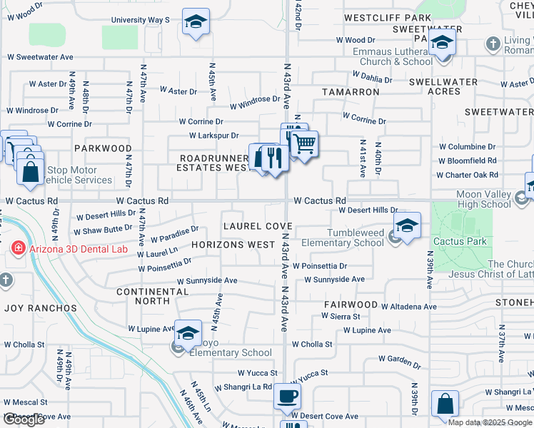 map of restaurants, bars, coffee shops, grocery stores, and more near 4301 West Cactus Road in Glendale