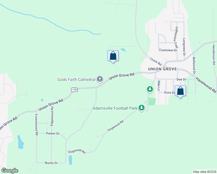 map of restaurants, bars, coffee shops, grocery stores, and more near 1251 Union Grove Road in Adamsville