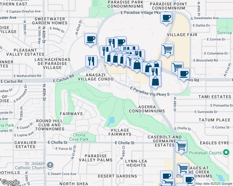map of restaurants, bars, coffee shops, grocery stores, and more near 4415 East Paradise Village Parkway South in Phoenix