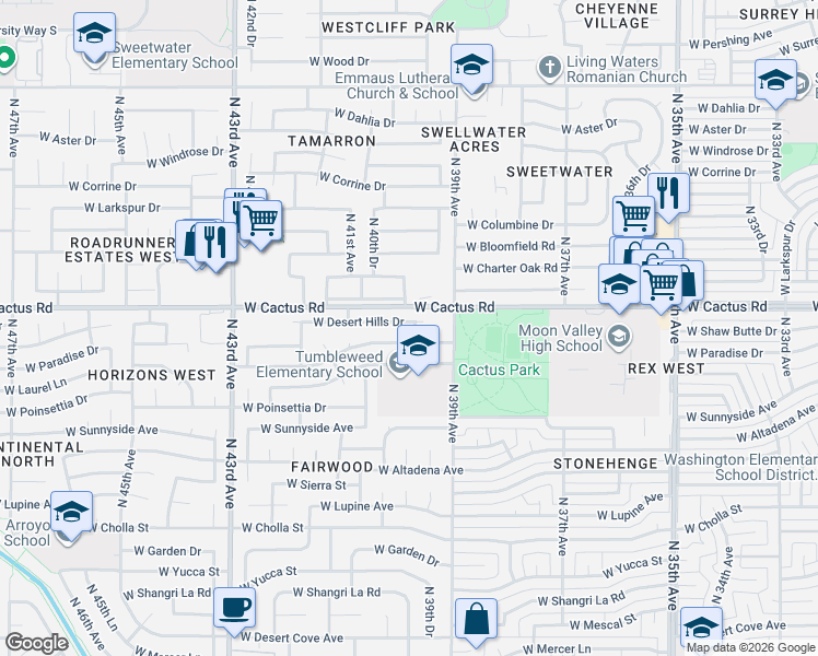 map of restaurants, bars, coffee shops, grocery stores, and more near 3938 West Paradise Drive in Phoenix
