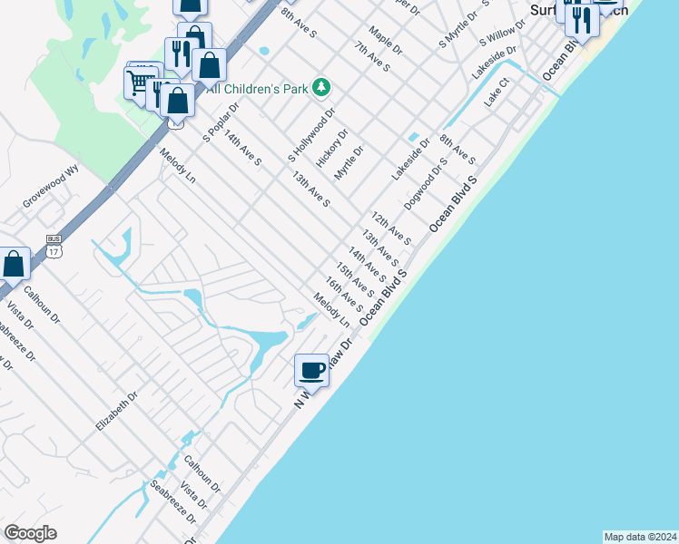 map of restaurants, bars, coffee shops, grocery stores, and more near 215 15th Avenue South in Surfside Beach