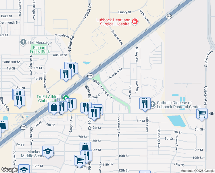 map of restaurants, bars, coffee shops, grocery stores, and more near Whisperwood Boulevard in Lubbock