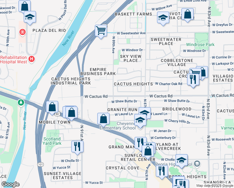 map of restaurants, bars, coffee shops, grocery stores, and more near 8910 West Shaw Butte Drive in Peoria