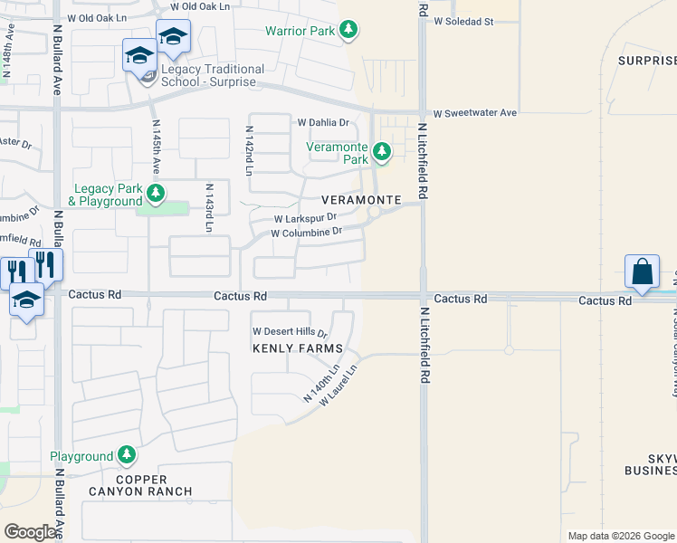 map of restaurants, bars, coffee shops, grocery stores, and more near 12277 North 141st Court in Surprise