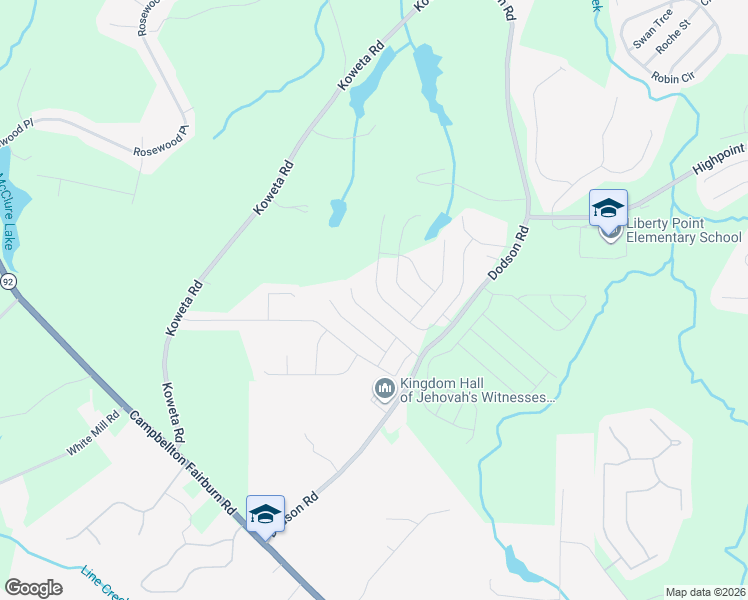 map of restaurants, bars, coffee shops, grocery stores, and more near 444 Lake Ridge Lane in Fairburn