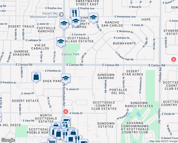 map of restaurants, bars, coffee shops, grocery stores, and more near 7417 East Paradise Drive in Scottsdale