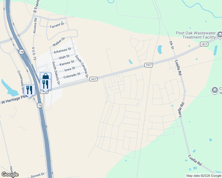 map of restaurants, bars, coffee shops, grocery stores, and more near 1001 Farm to Market Road 1417 in Sherman