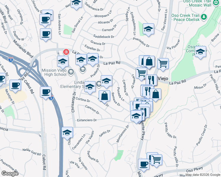 map of restaurants, bars, coffee shops, grocery stores, and more near 25291 Remesa Drive in Mission Viejo