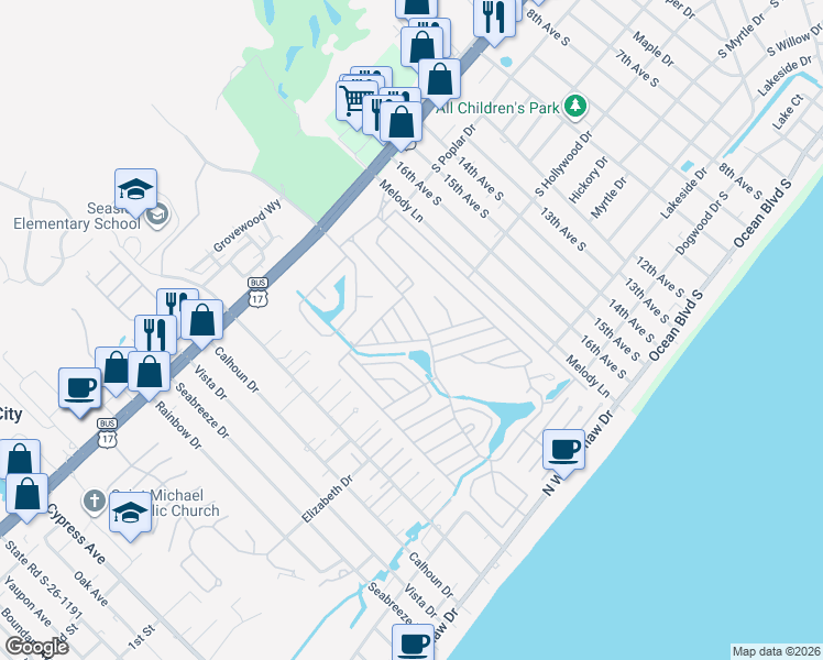 map of restaurants, bars, coffee shops, grocery stores, and more near 406 Hazelwood Drive in Surfside Beach