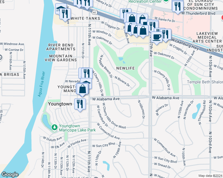 map of restaurants, bars, coffee shops, grocery stores, and more near 12226 North Pebble Beach Drive in Sun City