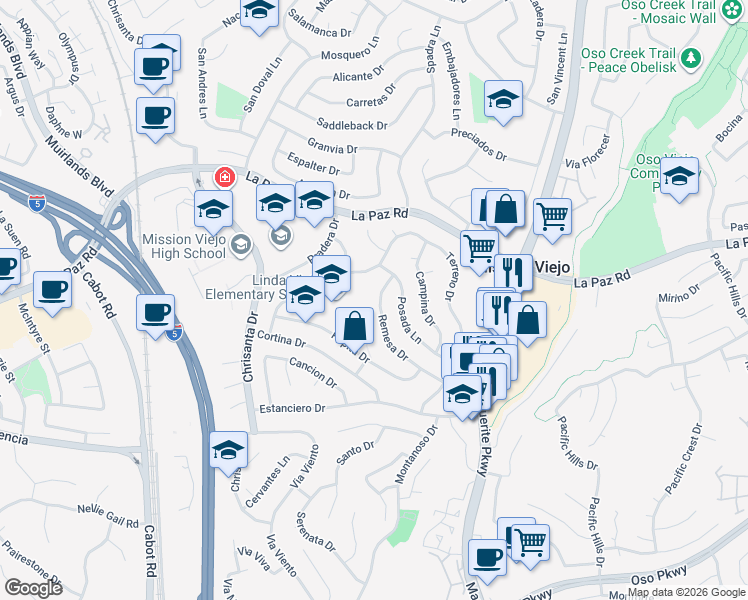map of restaurants, bars, coffee shops, grocery stores, and more near 25291 Remesa Drive in Mission Viejo