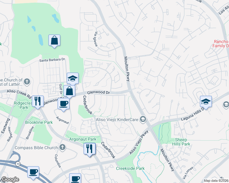 map of restaurants, bars, coffee shops, grocery stores, and more near 23663 Glenwood Drive in Aliso Viejo