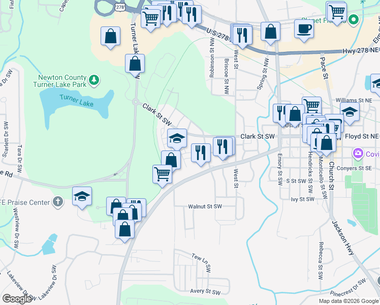 map of restaurants, bars, coffee shops, grocery stores, and more near 4149 Raphael Street in Covington