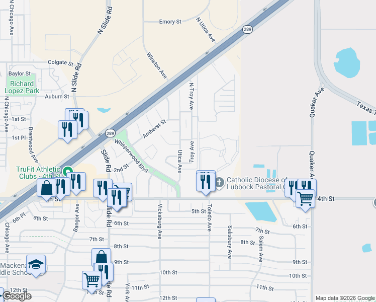 map of restaurants, bars, coffee shops, grocery stores, and more near 113 Utica Avenue in Lubbock