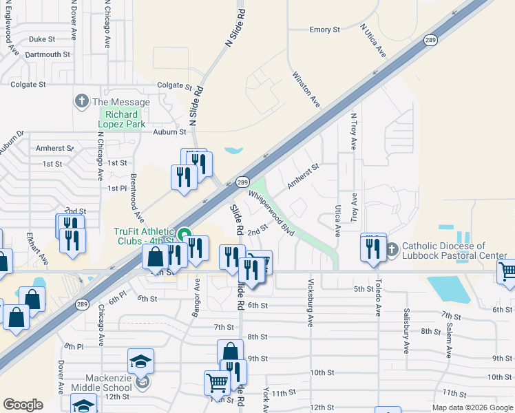 map of restaurants, bars, coffee shops, grocery stores, and more near 5123 1st Place in Lubbock