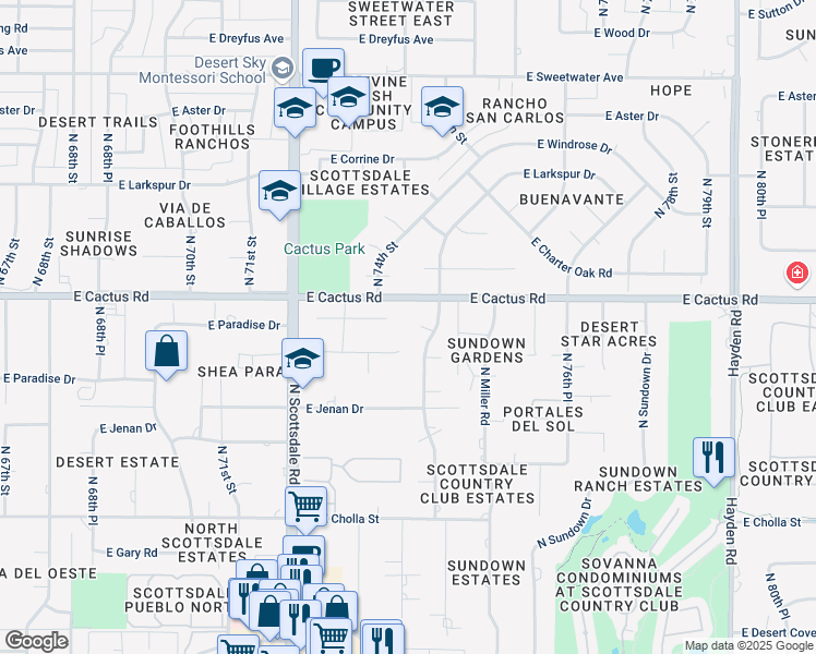 map of restaurants, bars, coffee shops, grocery stores, and more near 7417 East Paradise Drive in Scottsdale