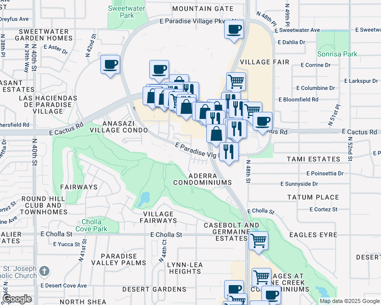 map of restaurants, bars, coffee shops, grocery stores, and more near 4455 East Paradise Village Parkway South in Phoenix
