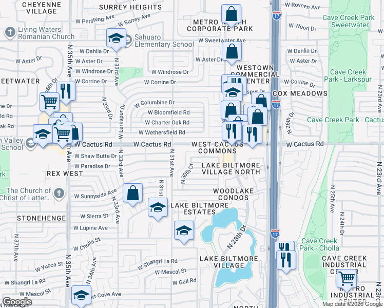 map of restaurants, bars, coffee shops, grocery stores, and more near 3029 West Shaw Butte Drive in Phoenix