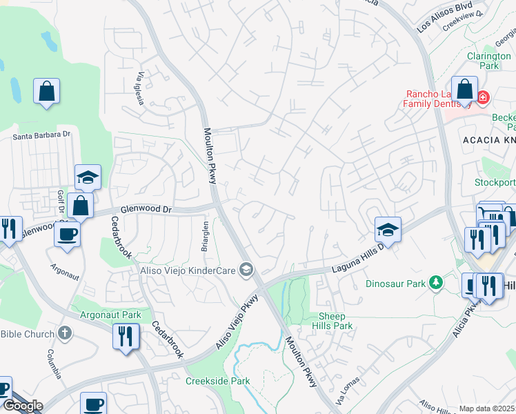 map of restaurants, bars, coffee shops, grocery stores, and more near 2 Oxbow Creek Lane in Laguna Hills