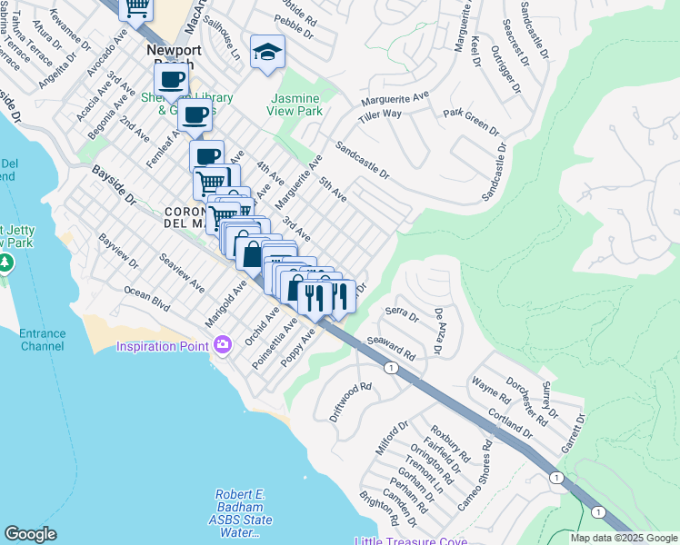 map of restaurants, bars, coffee shops, grocery stores, and more near 521 Poppy Avenue in Newport Beach
