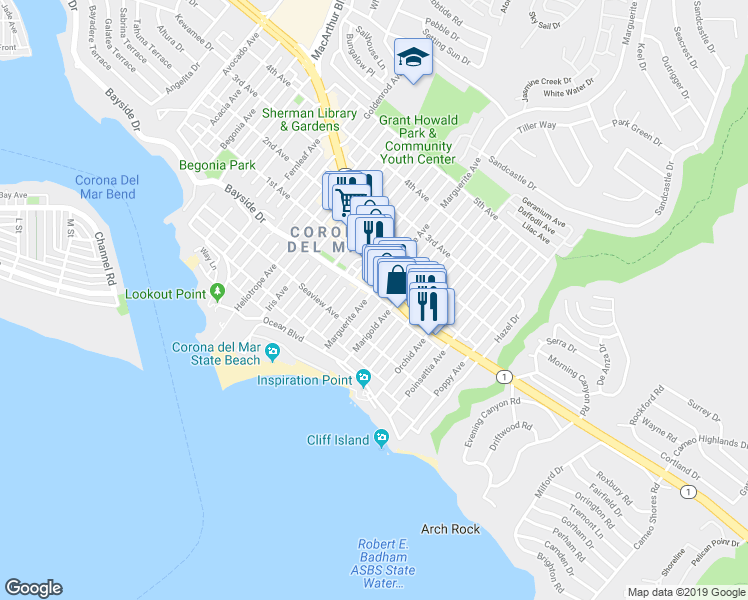 map of restaurants, bars, coffee shops, grocery stores, and more near 318 Marguerite Avenue in Newport Beach