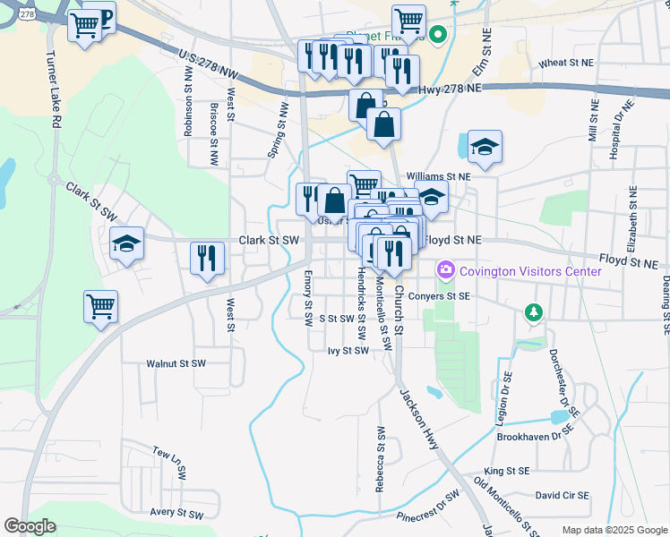 map of restaurants, bars, coffee shops, grocery stores, and more near 1179 Reynolds Street Southwest in Covington