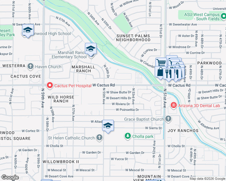 map of restaurants, bars, coffee shops, grocery stores, and more near 5425 West Shaw Butte Drive in Glendale