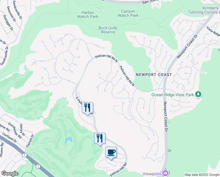map of restaurants, bars, coffee shops, grocery stores, and more near 59 Pelican Crest Drive in Newport Beach