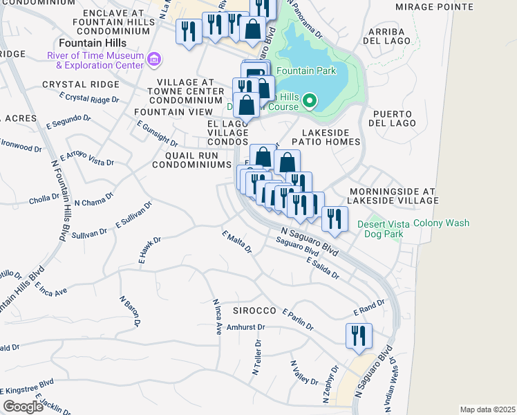 map of restaurants, bars, coffee shops, grocery stores, and more near 12015 North Saguaro Boulevard in Fountain Hills