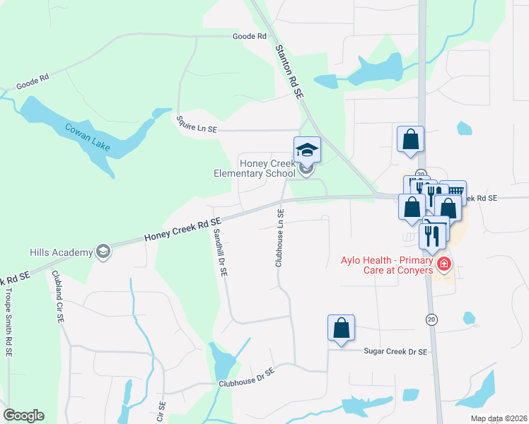 map of restaurants, bars, coffee shops, grocery stores, and more near 3529 Clubhouse Lane Southeast in Conyers