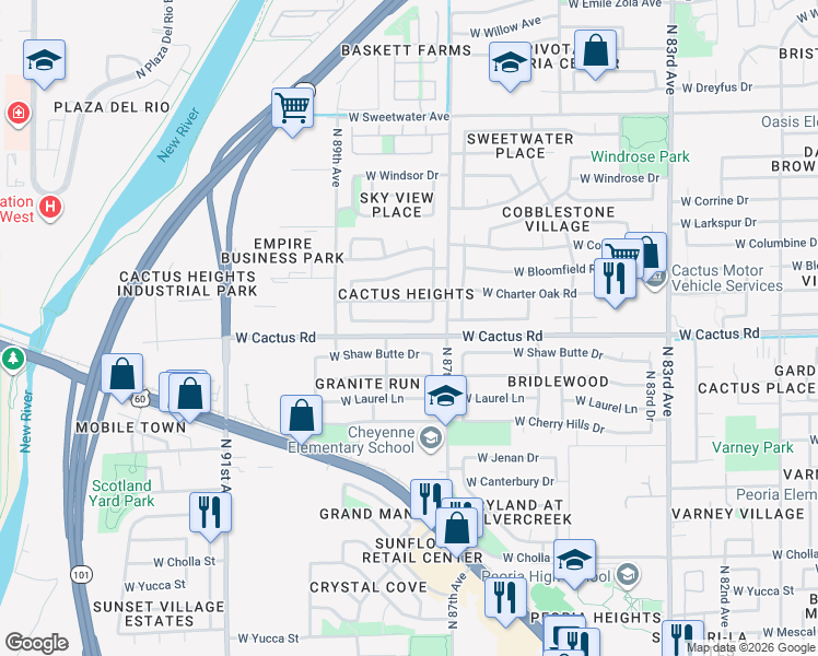 map of restaurants, bars, coffee shops, grocery stores, and more near 8745 West Wethersfield Road in Peoria