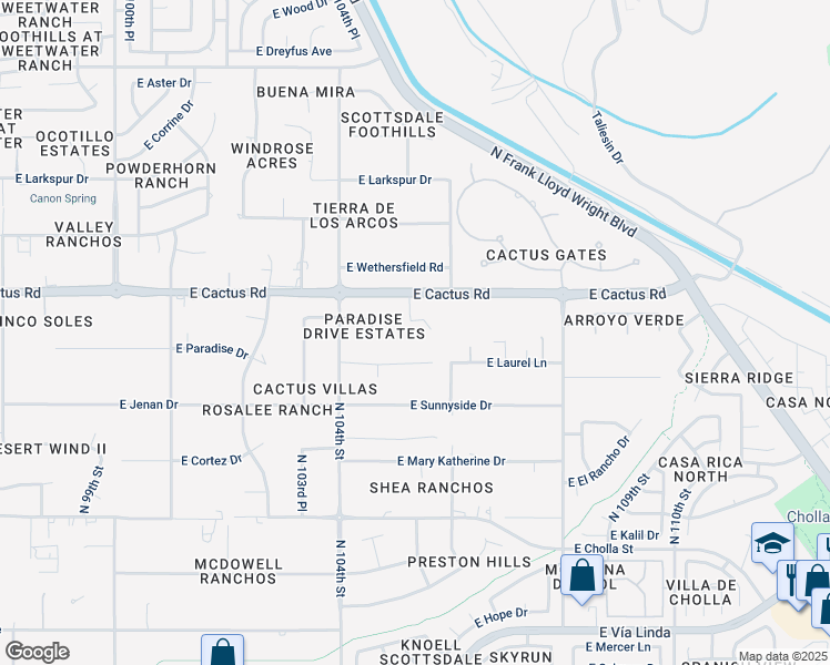 map of restaurants, bars, coffee shops, grocery stores, and more near 10525 East Cactus Road in Scottsdale