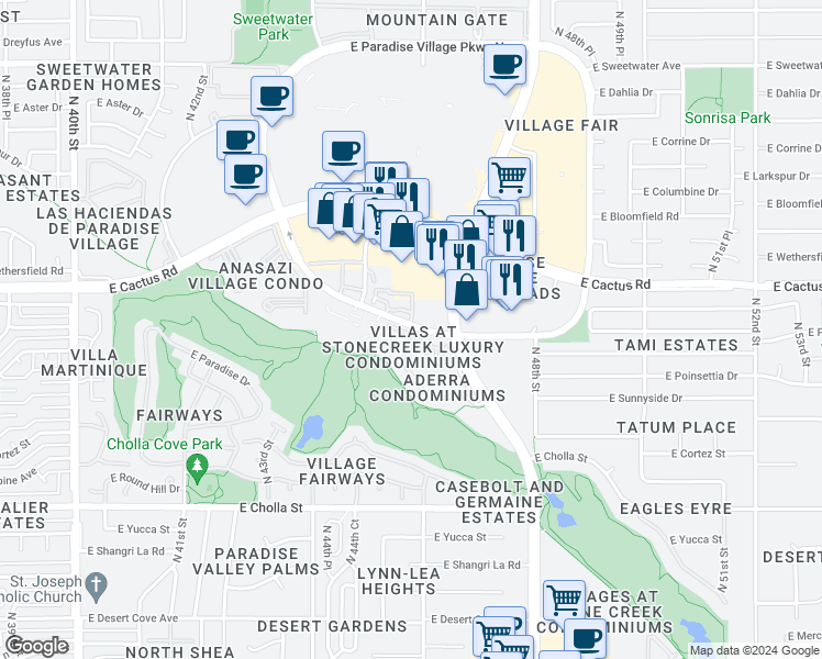 map of restaurants, bars, coffee shops, grocery stores, and more near 4455 East Paradise Village Parkway South in Phoenix