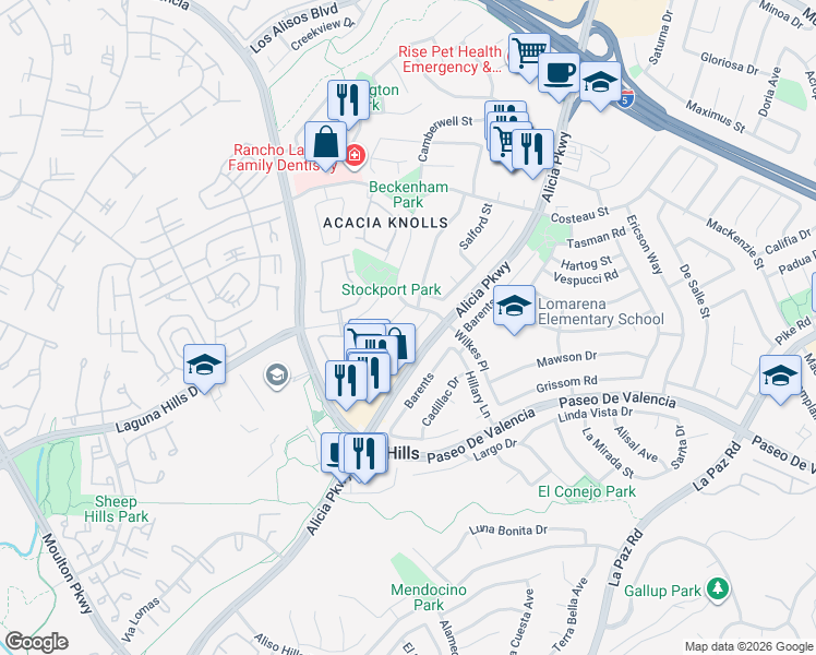 map of restaurants, bars, coffee shops, grocery stores, and more near 25241 York Circle in Laguna Hills