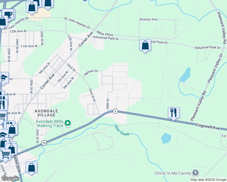 map of restaurants, bars, coffee shops, grocery stores, and more near 124 34th Street in Pell City