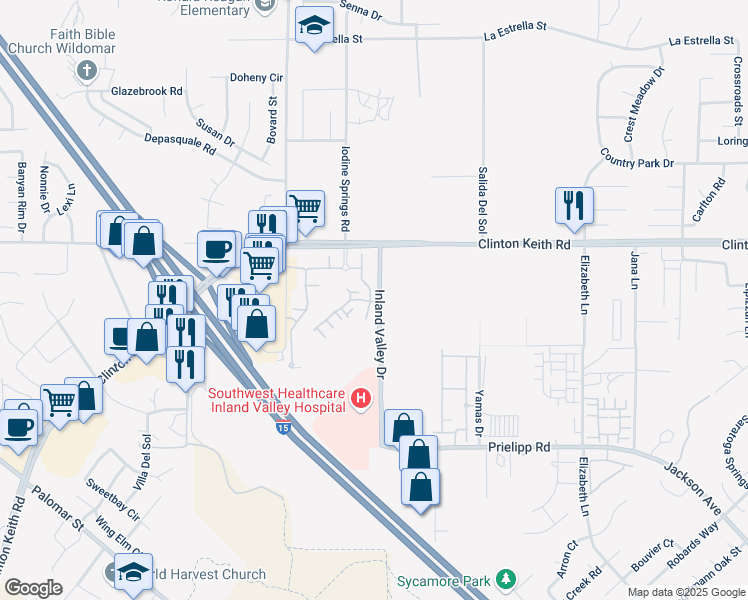 map of restaurants, bars, coffee shops, grocery stores, and more near 36101 Inland Valley Drive in Wildomar
