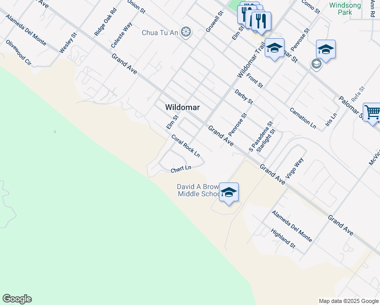 map of restaurants, bars, coffee shops, grocery stores, and more near 21567 Coral Rock Lane in Wildomar