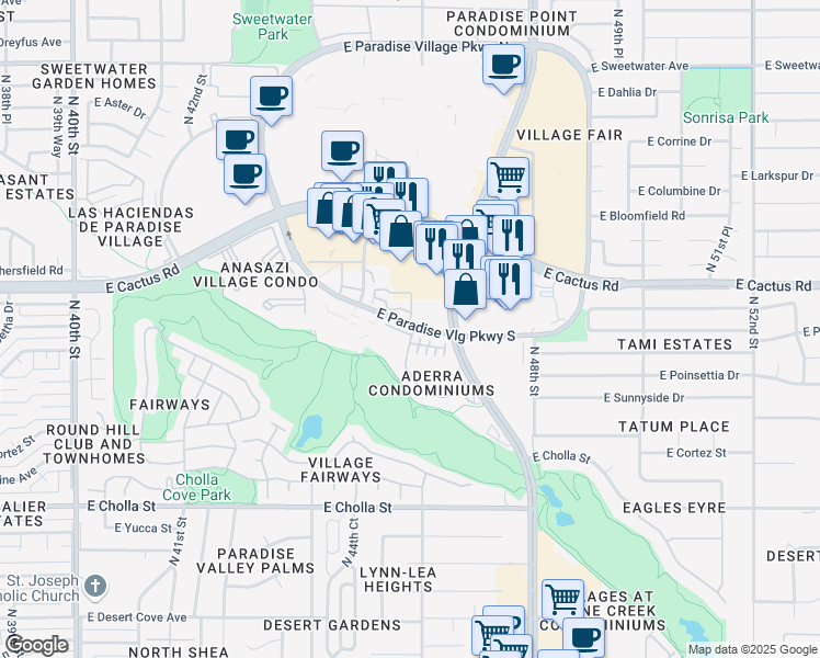 map of restaurants, bars, coffee shops, grocery stores, and more near 4455 East Paradise Village Parkway South in Phoenix