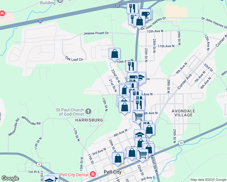 map of restaurants, bars, coffee shops, grocery stores, and more near 707 21st Street North in Pell City